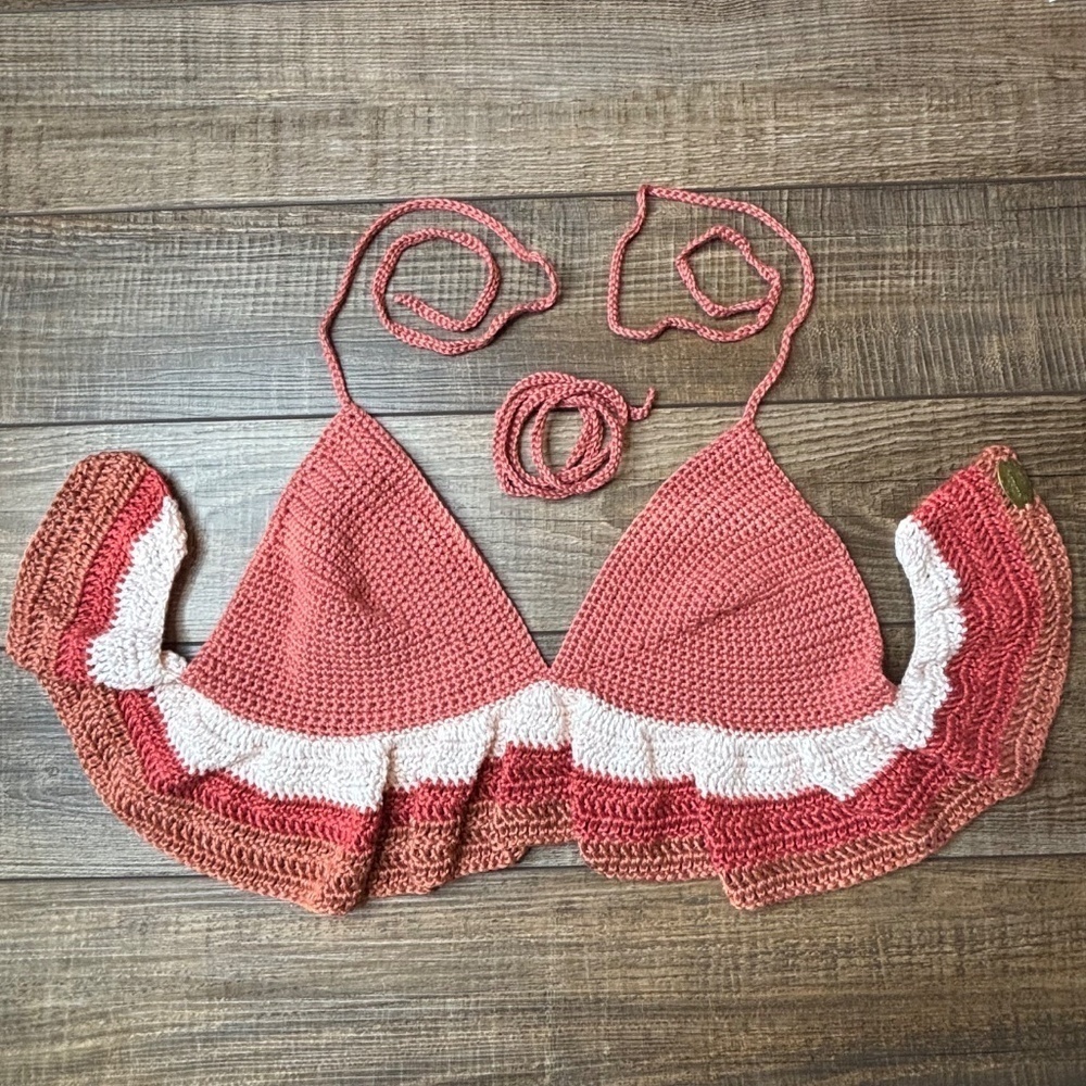 Handcrafted Ruffle Halter Crop Top Bamboo Yarn Art Handmade Crochet Knit Summer - Picture 7 of 16